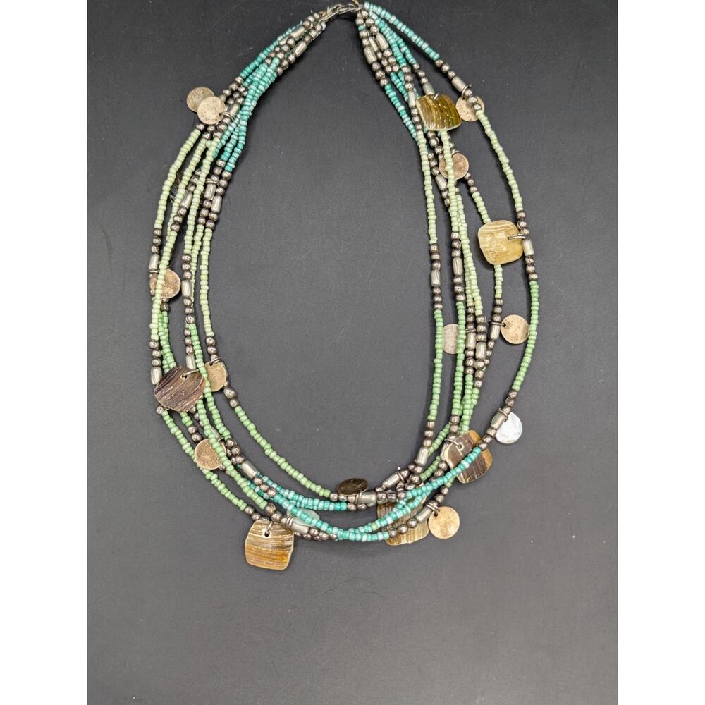 Vintage Multi-Strand Boho Necklace Green Seed Beads Silver Tone Charms & Shell